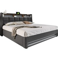 160x200cm LED Upholstered Bed with USB, Metal Frame & Slats, Linen Fabric Bed Frame (No Mattress)