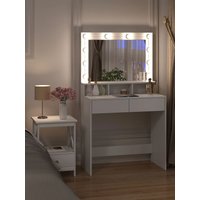 White Wooden Dressing Table Make up Cosmetic Table  with Adjustable LED Lighting Mirror vanity