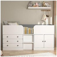 Very Home Peyton Kids Mid Sleeper Bed With Drawers, Cupboard And Mattress Options (Buy And Save!) - White/Grey - Cabin Bed With Standard Mattress