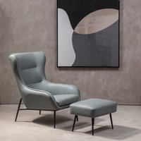 Midcentury Faux Leather Wingback Armchair and Footstool Set