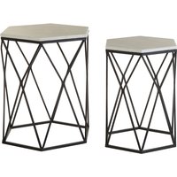 Set of 2 Hexagonal Side Tables in White Marble and Black Steel