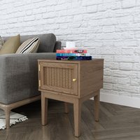 Boho Oak Rattan Bedside Table with Cupboard