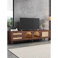 180cm Brown TV Cabinet For 80-Inch TV - With 2 Rattan Drawers, 2 Curved Glass Doors 1 Rattan Door,